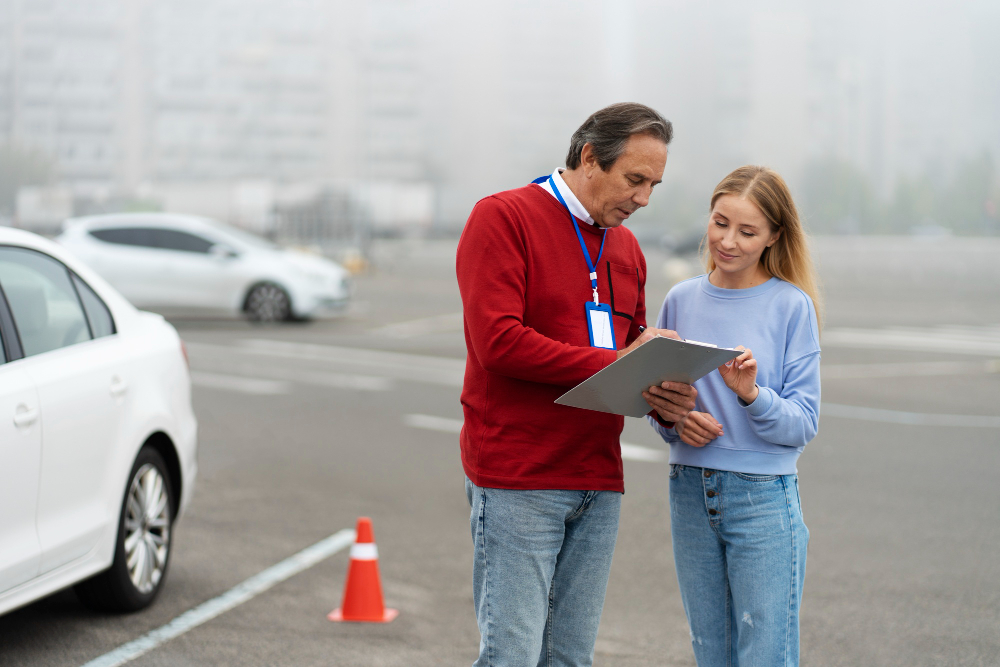 Rij-instructeur bespreekt het examen met een leerling bij de lesauto
